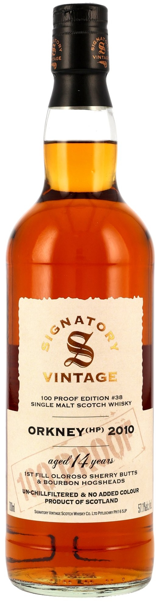 Orkney-HP-2010-proof Orkney (HP) 2010/2025 Peated 1st Fill Oloroso Signatory Vintage 100 Proof #38 57,1% vol.