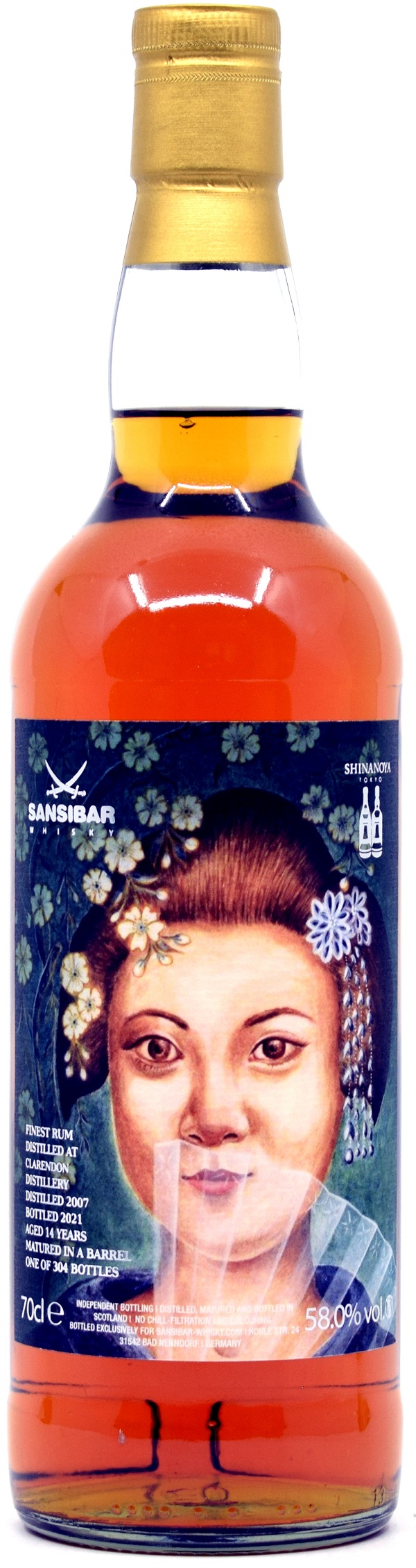 clarendon_2007_sb_shi Clarendon 14 Jahre 2007/2021 Geisha-Label Sansibar-Shinanoya Joint-Bottling 58% vol.