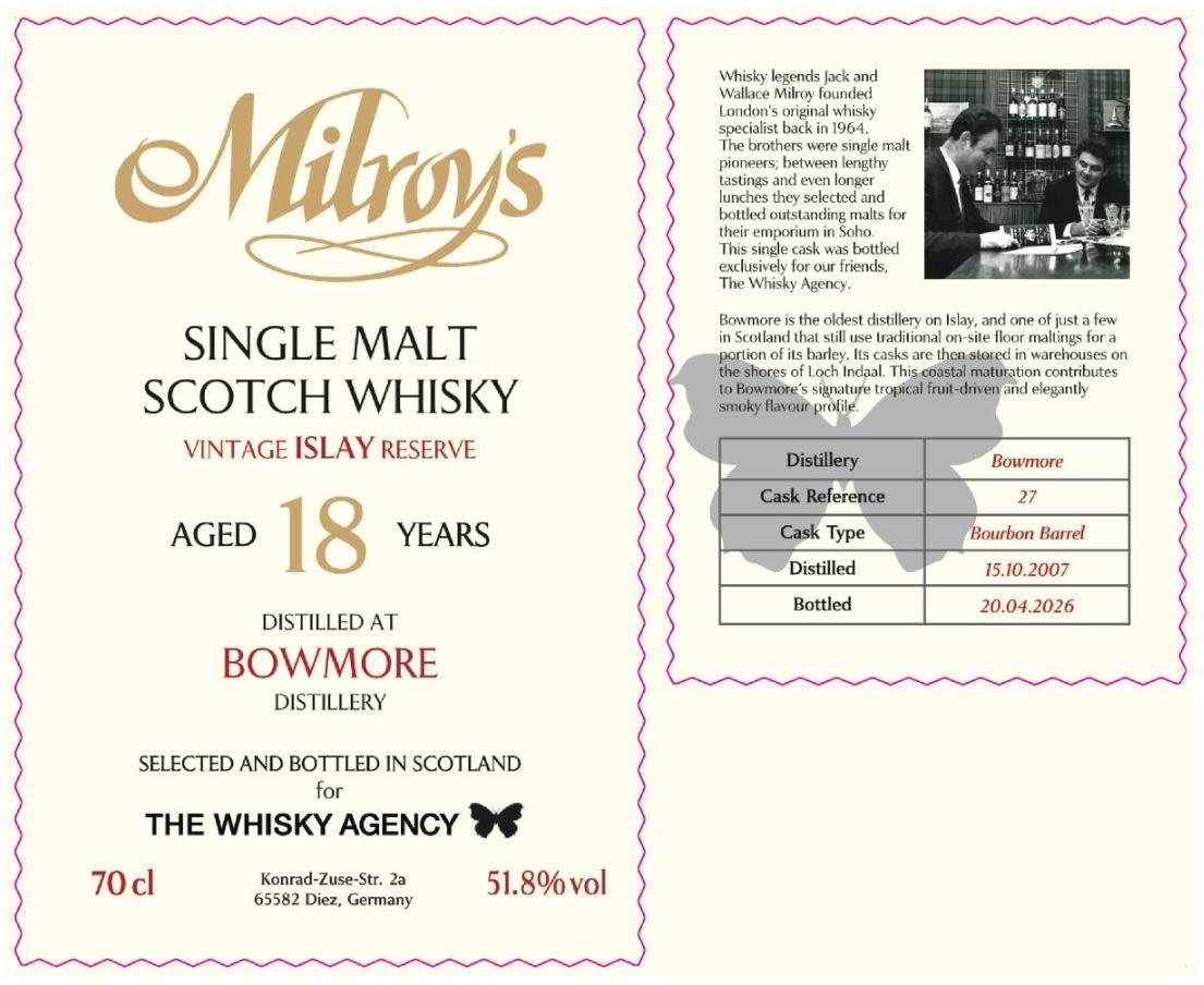 Bowmore 18 Jahre 2007/2026 Milroy's x The Whisky Agency 51,8% vol.