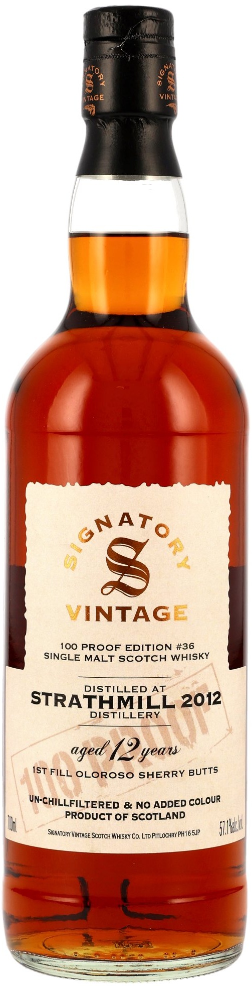 Strathmill-2012-proof Strathmill 2012/2025 1st Fill Oloroso Cask Signatory Vintage 100 Proof #36 57,1% vol.