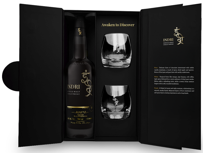 Indri Agneya Peated Indian Single Malt Geschenkset mit 2 Gläsern 46% vol.