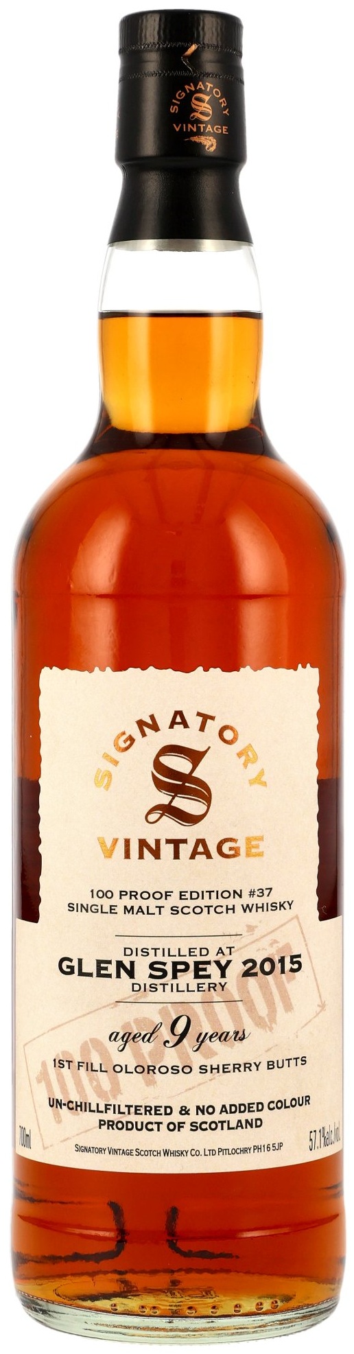 Glen-Spey-2015-proof Glen Spey 2015/2025 1st Fill Oloroso Cask Signatory Vintage 100 Proof #37 57,1% vol.