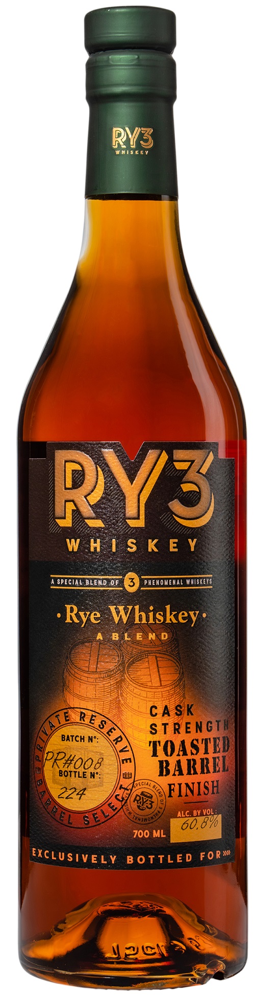 Ry3 Blended Rye Whiskey Toasted Barrel Finish Cask Strength 60,8% vol.