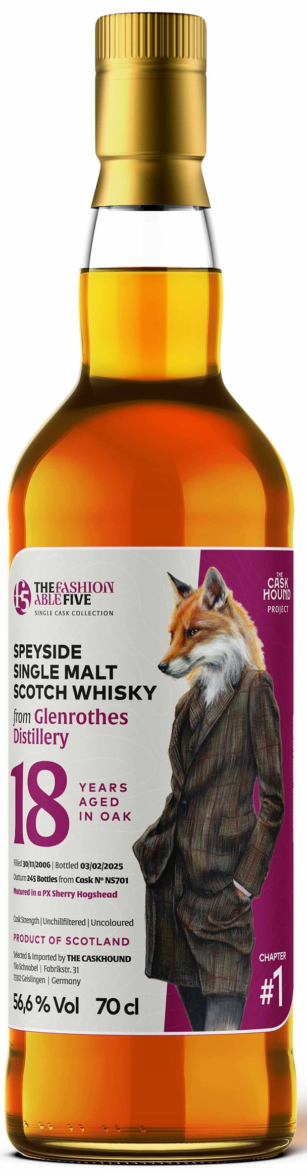 TCH_TFF_C1-Glenrothes-2006_MockUp_WB Glenrothes 18 Jahre 2006/2025 PX Sherry The Caskhound The Fashionable Five #1 56,6% vol.