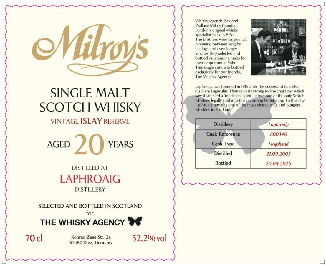 Laphroaig 20 Jahre 2005/2026 Milroy's x The Whisky Agency 52,2% vol.