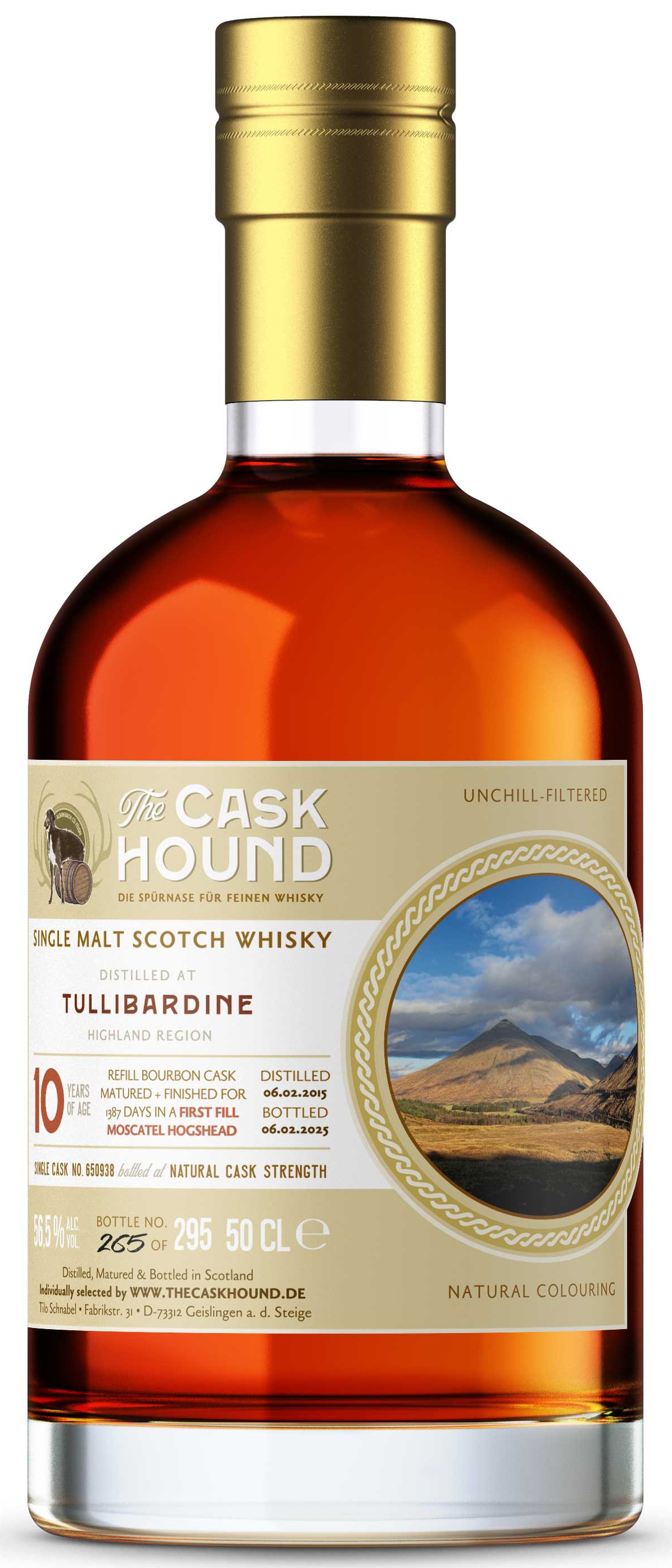 TCH_Bottling-01-2025_Tullibardine-MS_WB Tullibardine 10 Jahre 2015/2025 1st Fill Moscatel The Caskhound 56,5% vol. 0,5 l