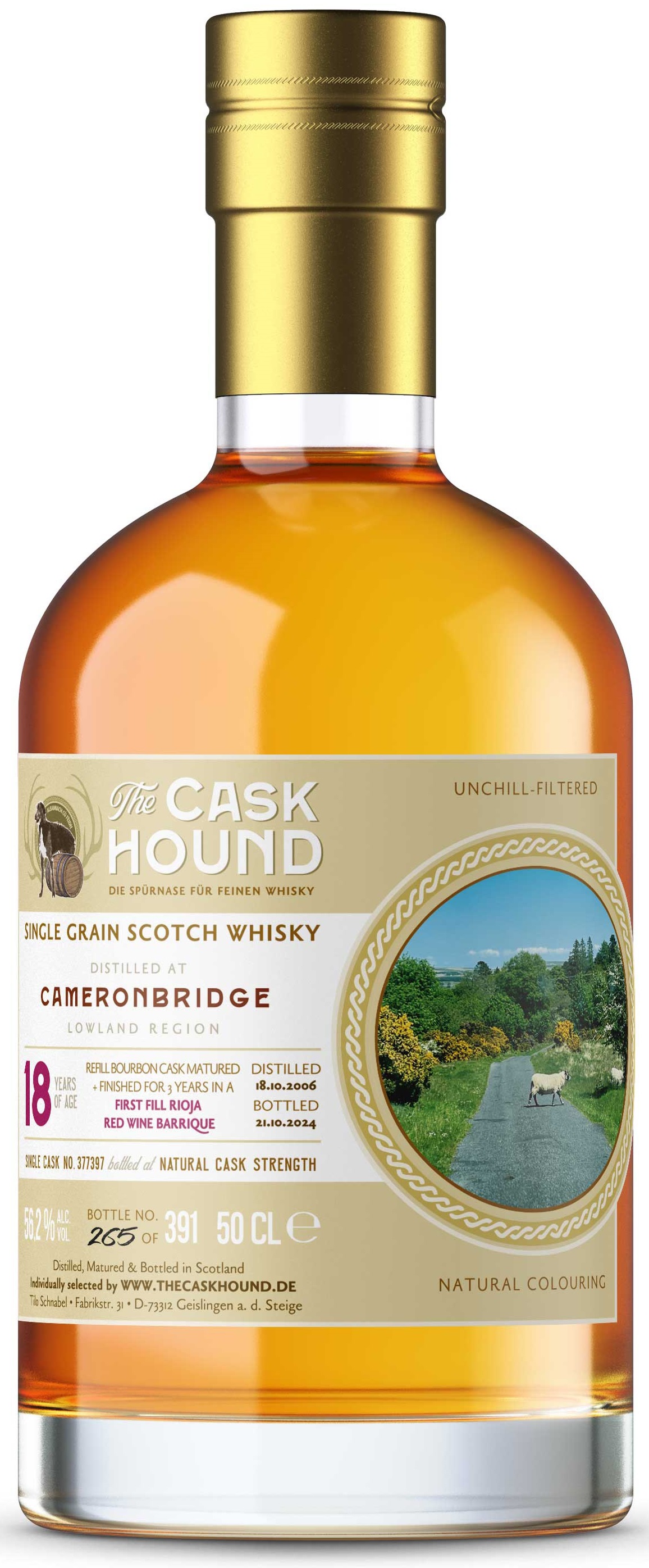 TCH_Bottling-15-2024_Cameronbridge-RW_MockUp_WB Cameronbridge 18 Jahre 2006/2024 1st Fill Rioja Redwine The Caskhound 56,2% vol. 0,5 l