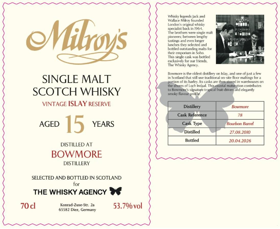 Bowmore 15 Jahre 2010/2026 Milroy's x The Whisky Agency 53,7% vol.