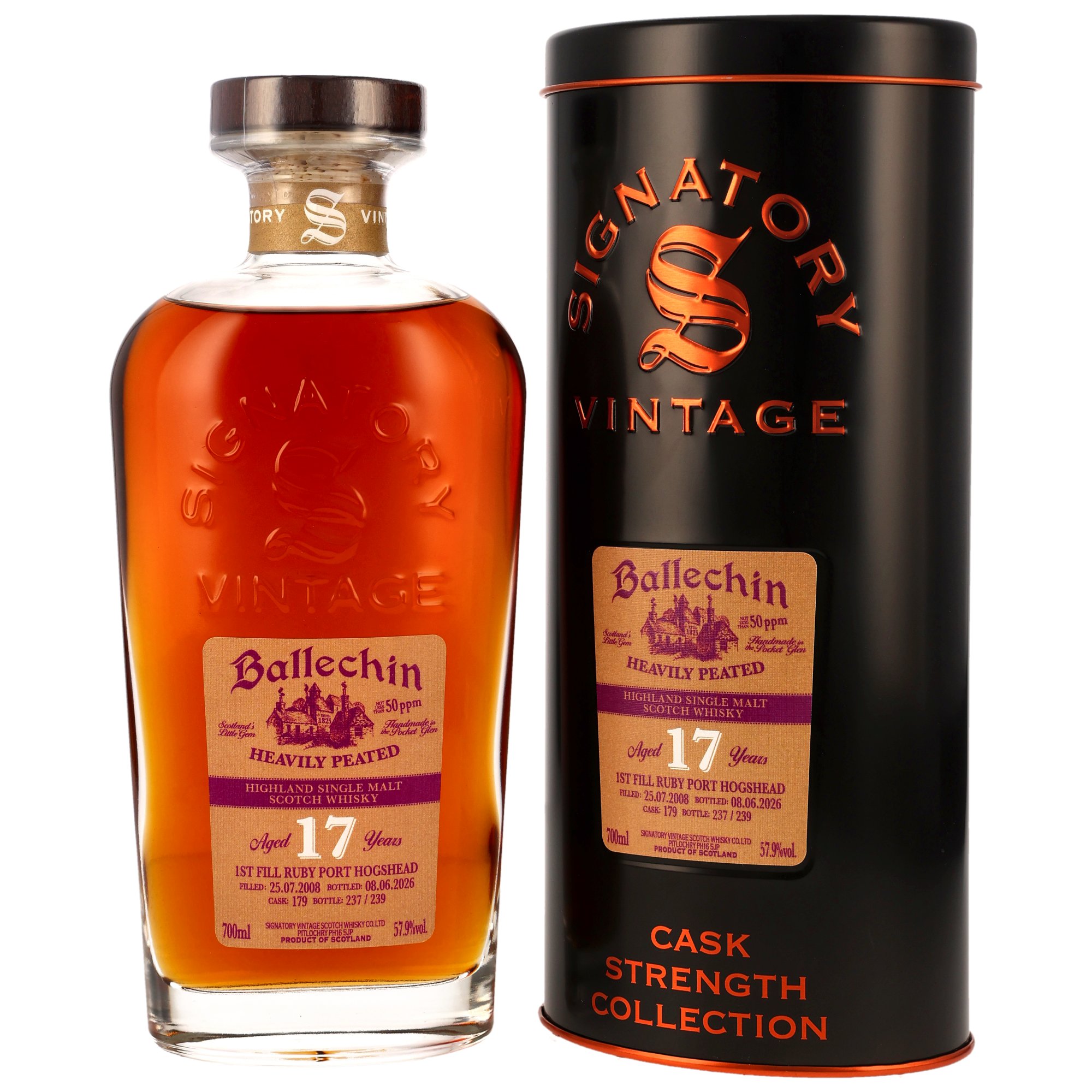 Ballechin 17 Jahre 2008/2026 1st Fill Ruby Port #179 Signatory Cask Strength 57,9% vol.